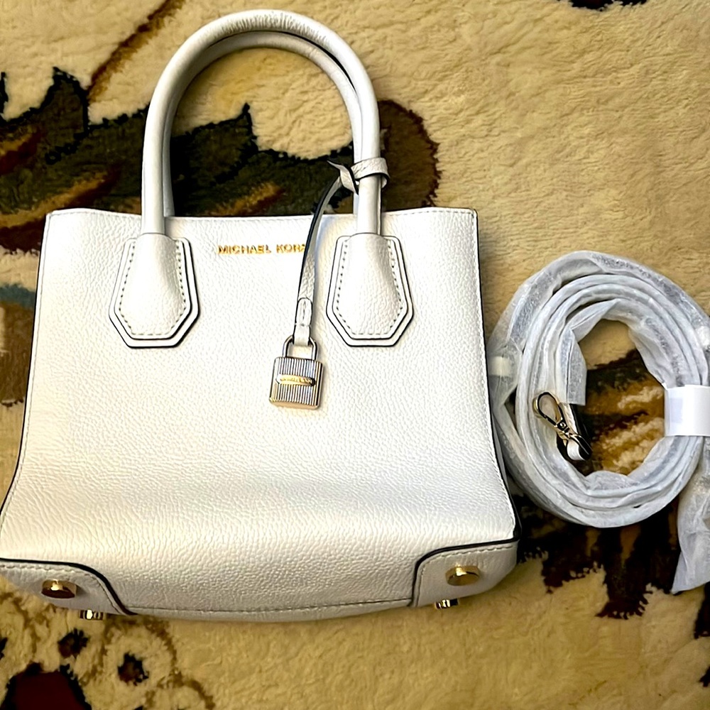 - Michael Kors Mercer Small Pebbled Leather Crossbody Bag white